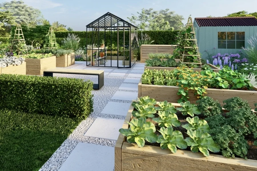 Exemple d'aménagement d'un potager surélevé en bois avec une serre