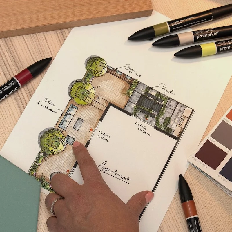 Croquis d'aménagement paysager avec feutres et planche Pantone