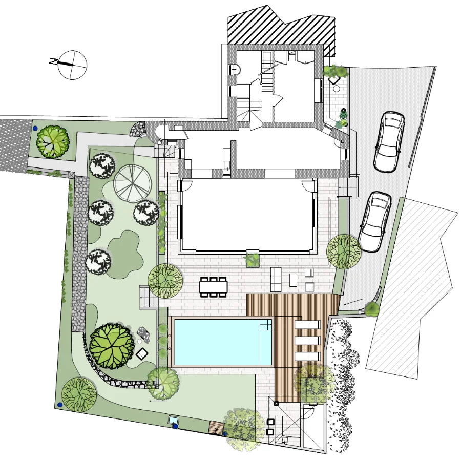 Plan au sol en 2D : projet d'aménagement d'un jardin de campagne dans les environs de Grenoble