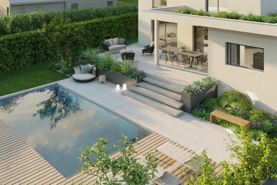comment aménager un jardin contemporain en pente avec terrasse et piscine