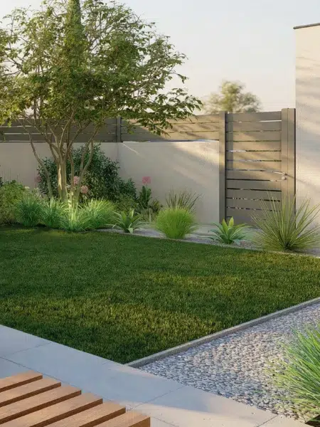 idée d'aménagement pour un jardin contemporain - carré de gazon et chemin de gravier